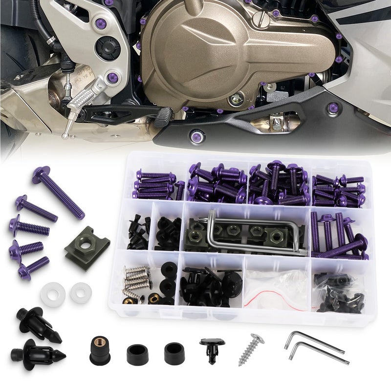PIKPOP Motorcycle Fairing Bolt Kit, 210 Pcs Stainless Steel M5 M6 Universal Windscreen Screw Accessories for Kawasaki, Yamaha, Suzuki, Honda, Ducati, BMW, Included Fastener, Nut, Spire Clip (Sugar Purple) - Image 1